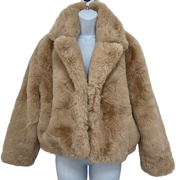 MinkPink Faux Fur Anya Jacket Coat L Tan Fuzzy Plush Cozy Mobwife Party Retro - Picture 3 of 16